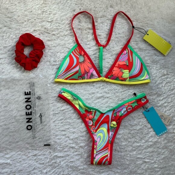 NWT OneOne Swimwear SET Bikini Seabright 2024 Gemma Noelia NEW Red Green Yellow - Picture 1 of 7